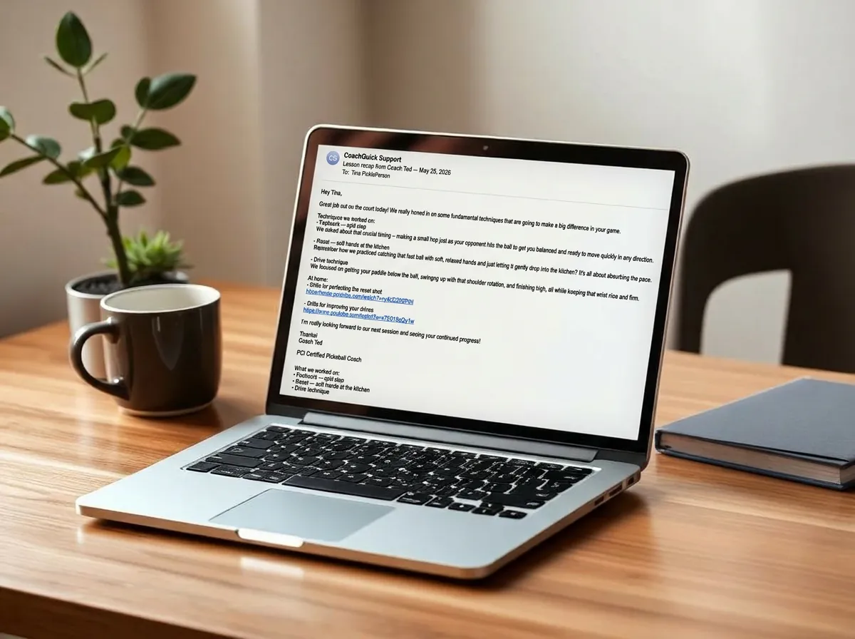 Coach reviewing client emails on a laptop